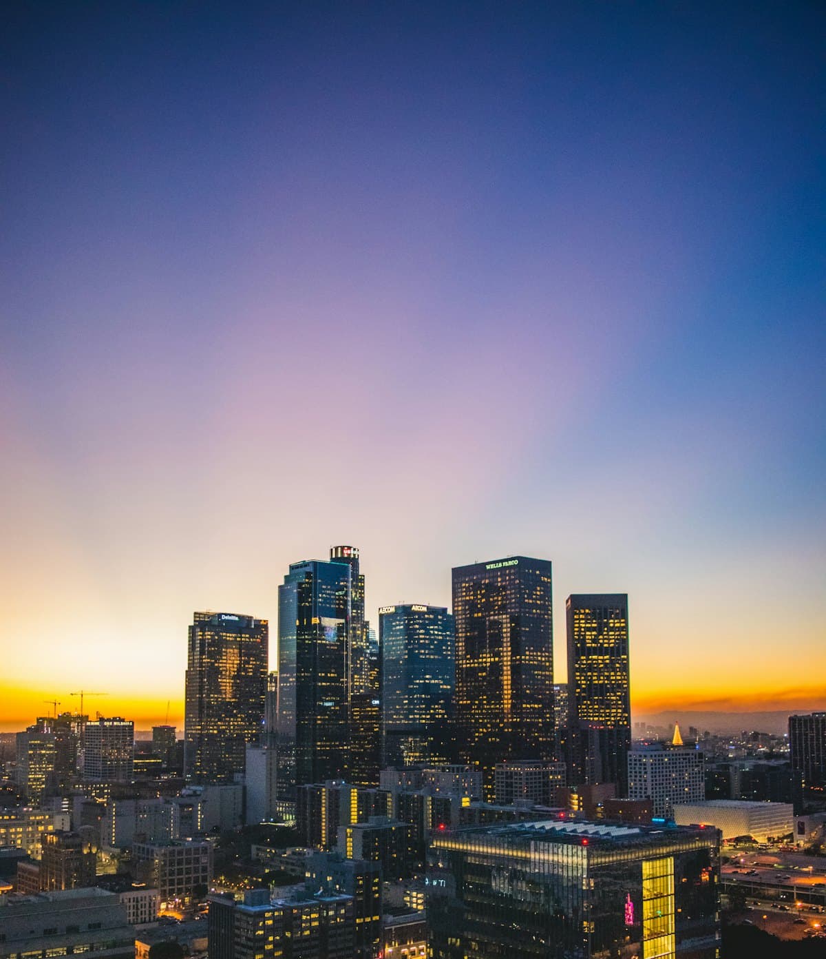 A city skyline at dusk