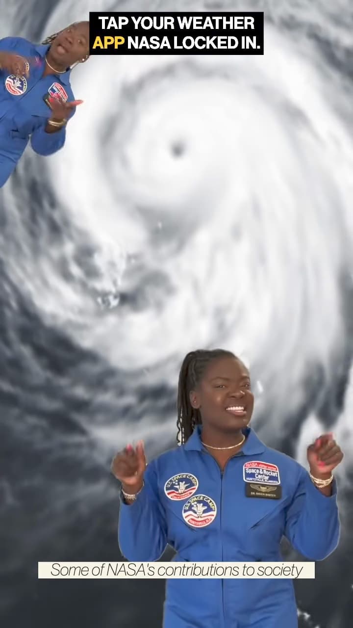 Dr. Raven Baxter sings in a blue U.S. Space Camp flight suit in front of a satellite image of a hurricane, under the caption Tap your weather app NASA locked in.