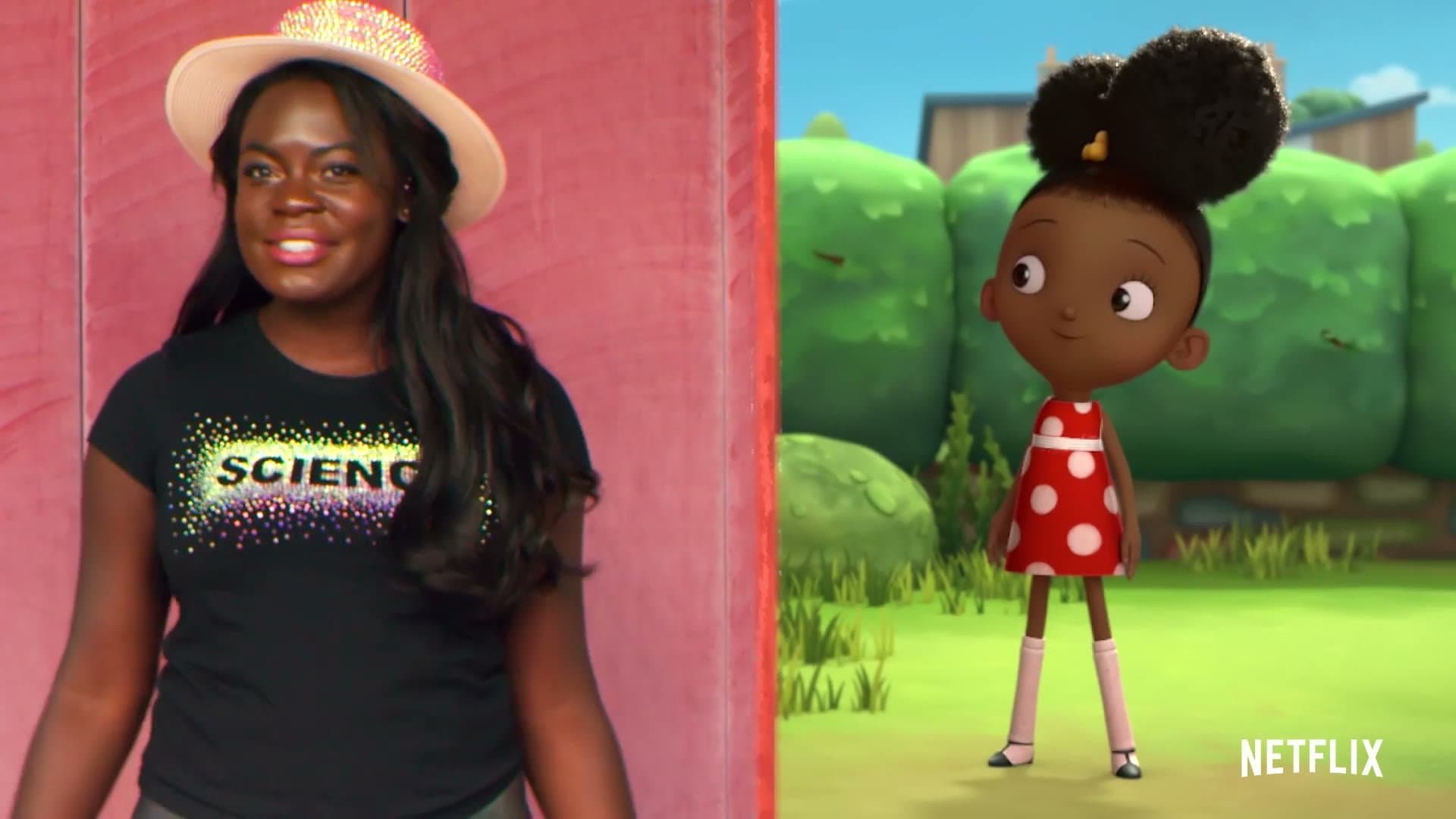Raven Baxter smiles in a sun hat and a black SCIENCE T-shirt against a pink wall, beside the animated Ada Twist in a red polka-dot dress.