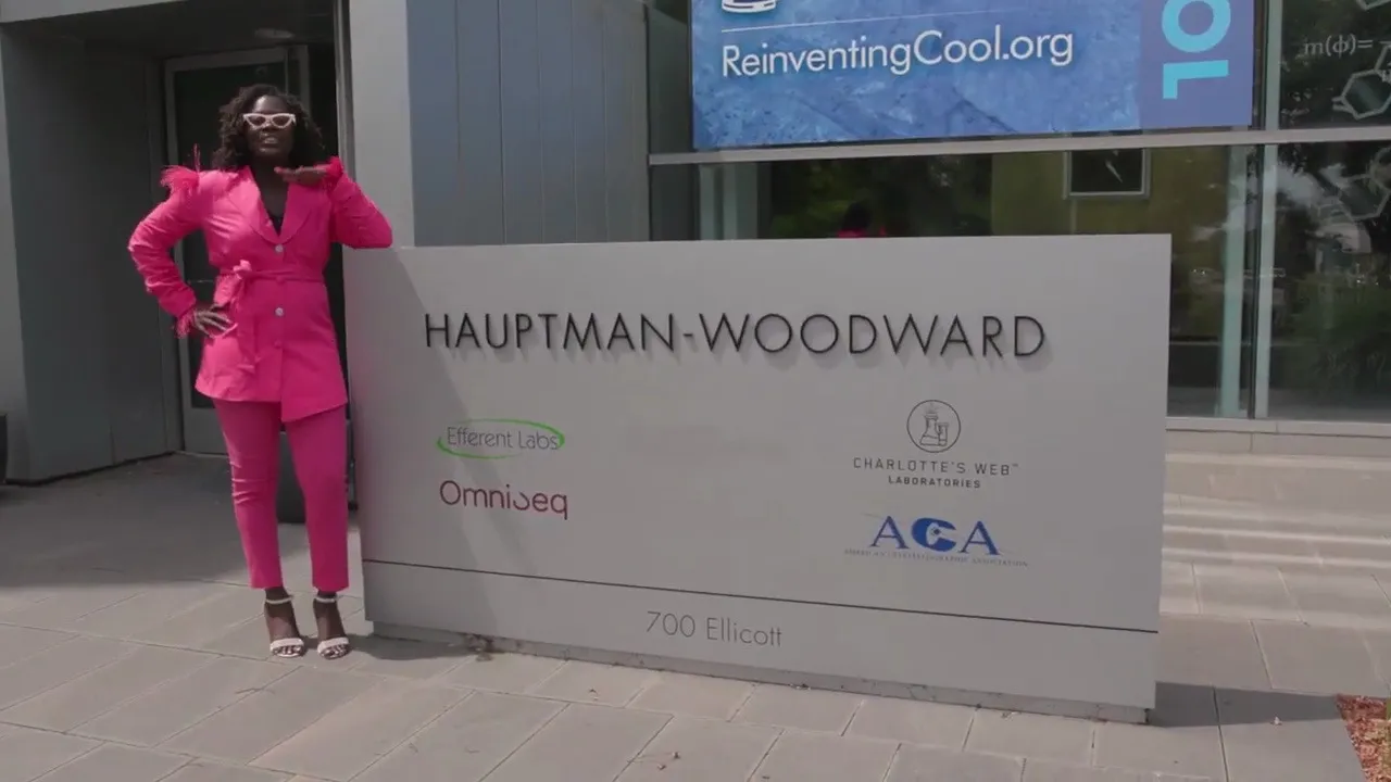 Dr. Raven Baxter in a pink suit with a hand on her hip beside the Hauptman-Woodward Medical Research Institute sign, from Nerdy Jobs Episode 1