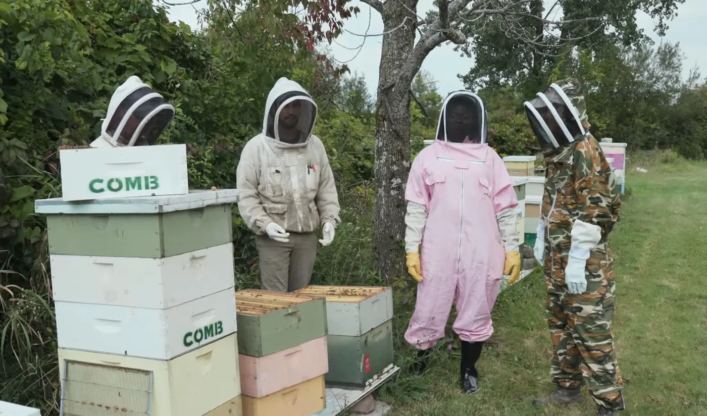 Dr. Raven Baxter in a pink beekeeping suit at the hives with three beekeepers, from Nerdy Jobs Episode 2